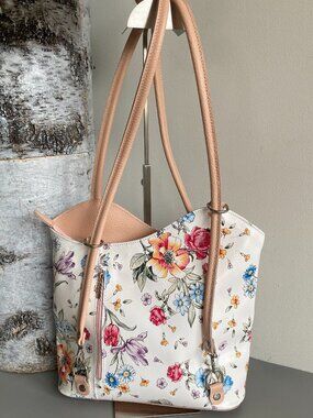 Italian Leather Versatile Floral Convertible Backpack Shoulder Bag Italy